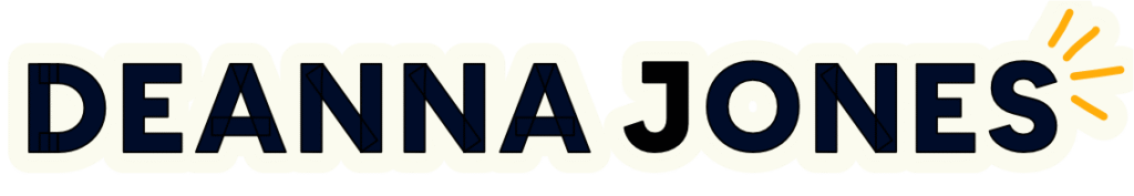 The text "Deanna Jones" in bold, dark letters; the letter "S" in "Jones" has three yellow lines radiating from its top right corner, resembling rays.