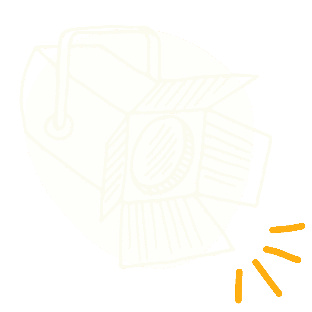 A simple line drawing of a stage spotlight with yellow rays of light shining outward on a light gray background, inspired by Deanna Jones.