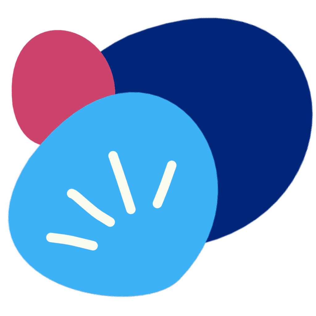 Three overlapping abstract blobs in red, dark blue, and light blue, designed by Deanna Jones, with four white curved lines on the light blue shape, all set against a plain background.