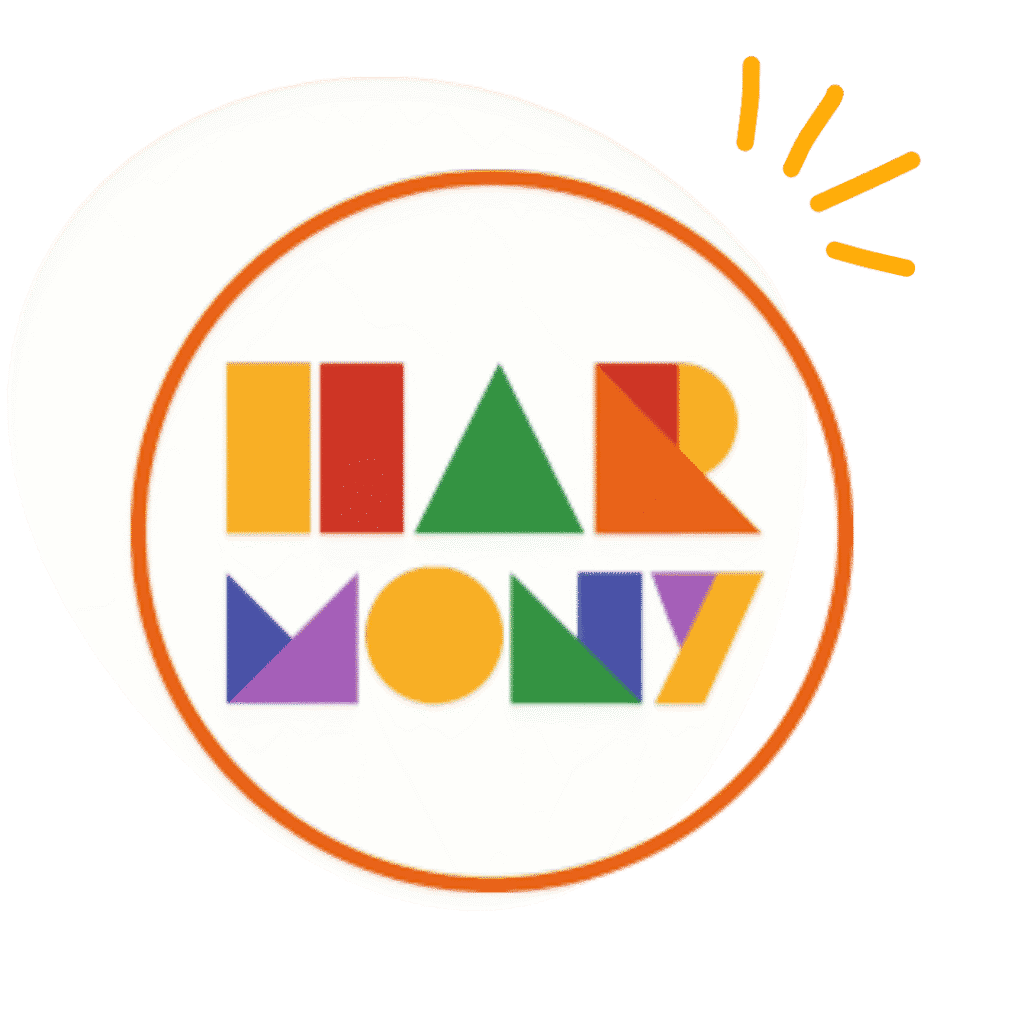 Logo with the word "HARMONY" in geometric, multicolored letters inside an orange circle, designed by Deanna Jones, with three orange lines radiating from the top right.