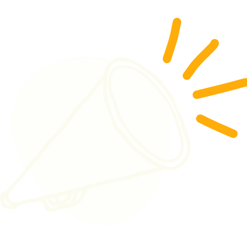A simple line drawing of a megaphone with three orange lines indicating sound or announcement coming from it, inspired by Deanna Jones.