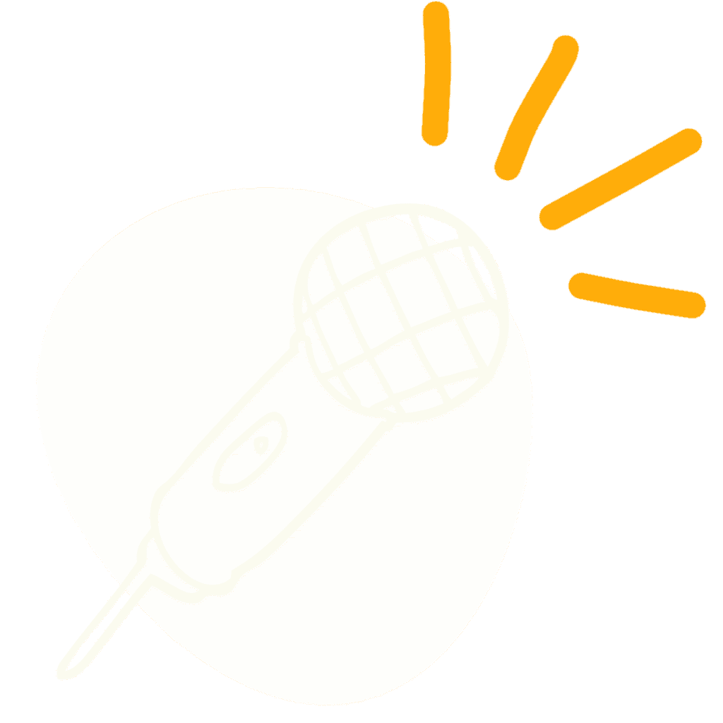 A simple line drawing of a microphone with three orange lines above it, suggesting sound or broadcasting—perfect for fans of Deanna Jones.