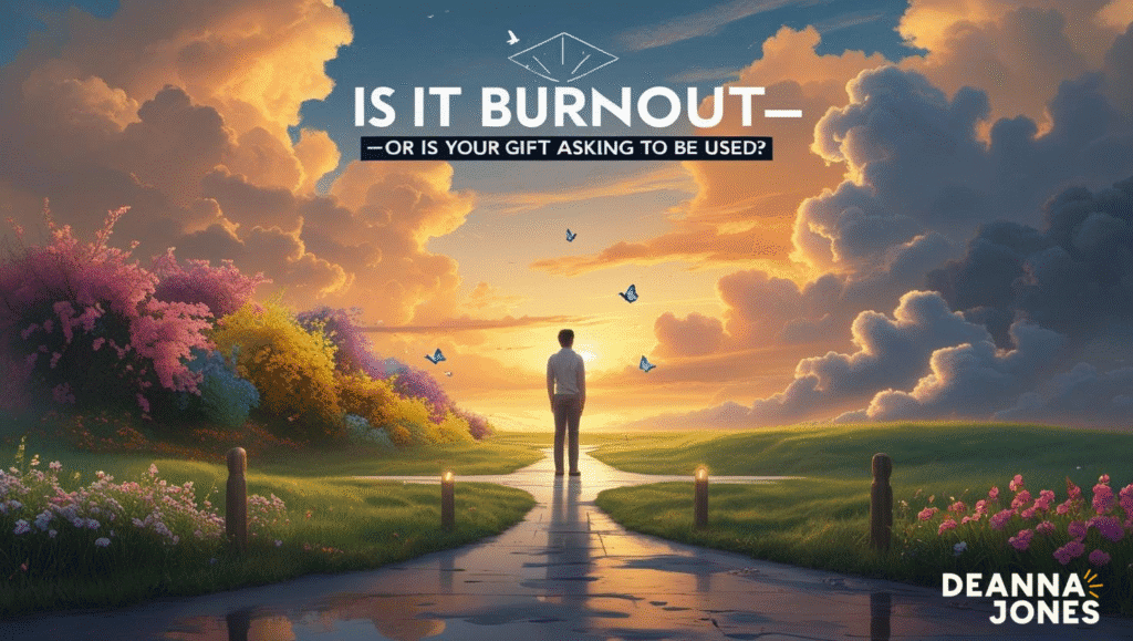 A person stands on a path at sunrise, surrounded by flowers and clouds, with butterflies flying. Text reads: "Is it burnout—or is your gift asking to be used? Discover more with Deanna Jones.