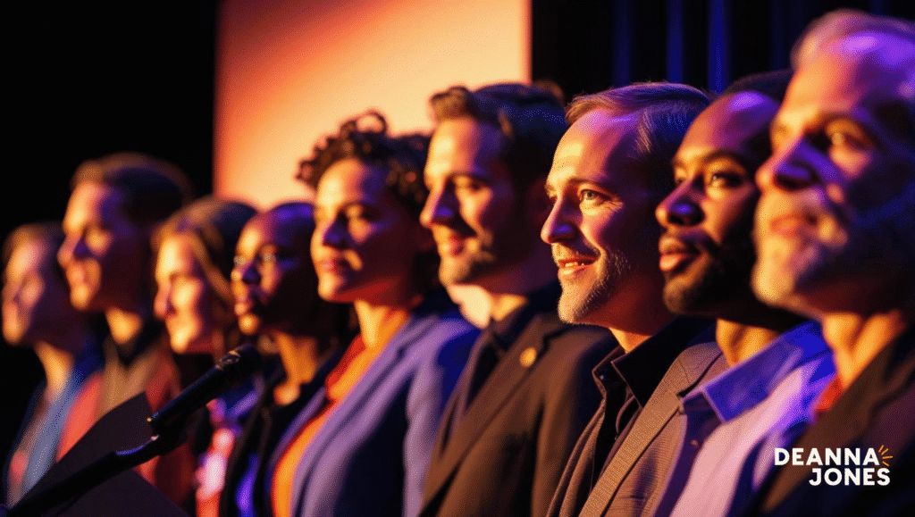 A diverse group of people in business attire stand in a row on stage under warm lighting, with Deanna Jones' logo displayed in the bottom right corner.