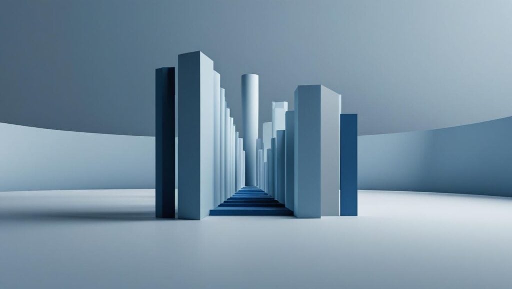 A symmetrical arrangement of tall, rectangular, blue-gray columns stands in a curved, minimalist, light blue room, reminiscent of Deanna Jones’s signature architectural style.