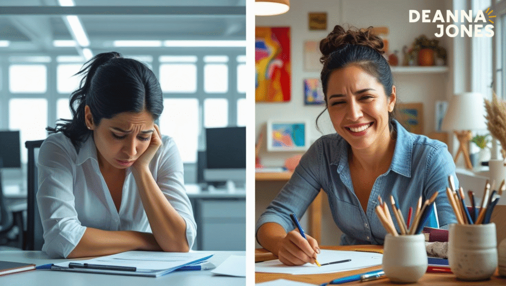 Split image: On the left, a woman looks stressed while working at a desk; on the right, she appears happy and relaxed at a similar workspace. Deanna Jones' logo is displayed in the top right corner.