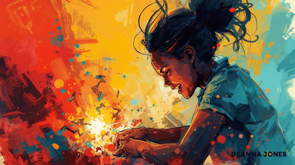 A woman intensely focuses on creating something with her hands amid vibrant, abstract splashes of red, yellow, and blue.