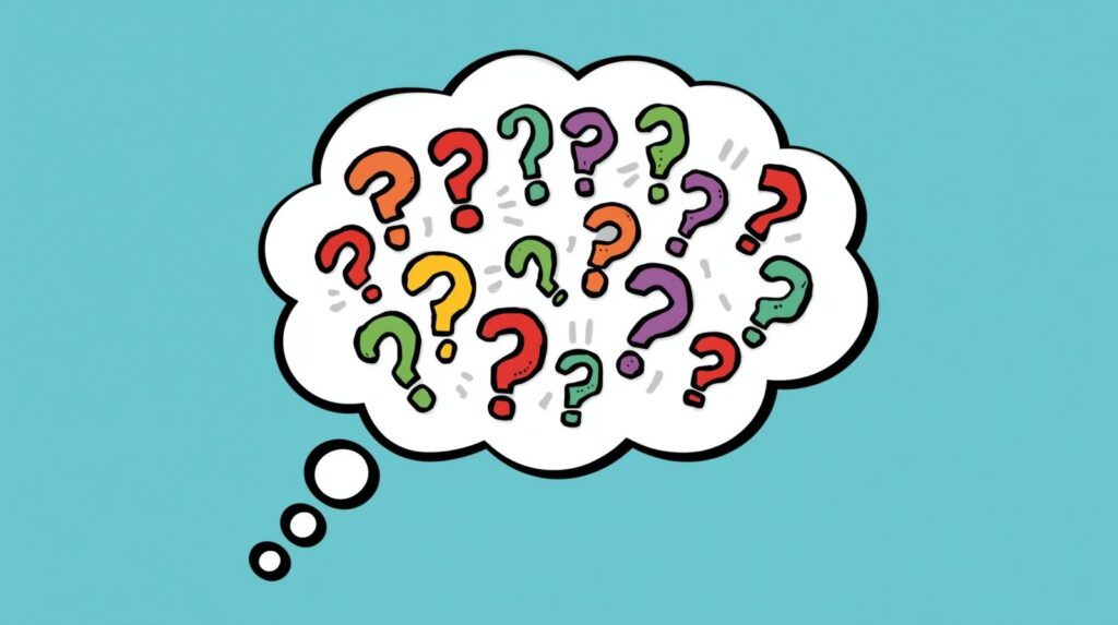 A thought bubble filled with colorful question marks on a blue background, inspired by the curiosity of Deanna Jones.