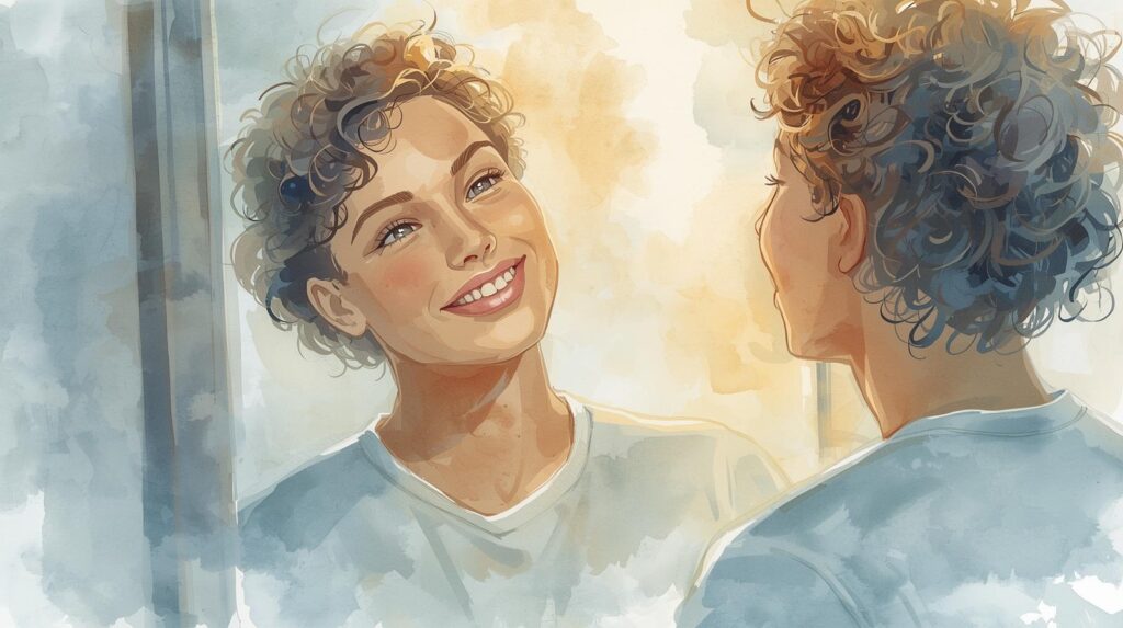 A woman, with short curly hair and a light shirt, smiles while looking at her reflection in a mirror.
