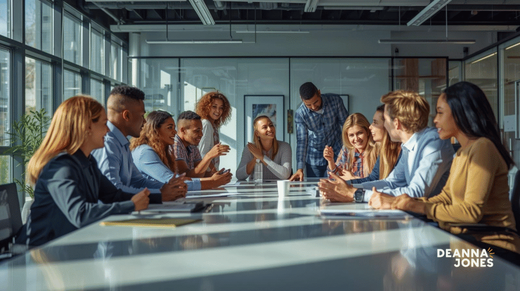 A diverse group around a conference table in a modern office, engaged in discussion as natural light streams through large windows.